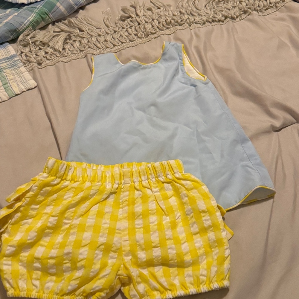 Light Blue Top with Yellow Striped Shorts